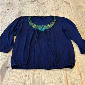 Elegant Navy Blue Beaded Women's Top 3/4 sleeves